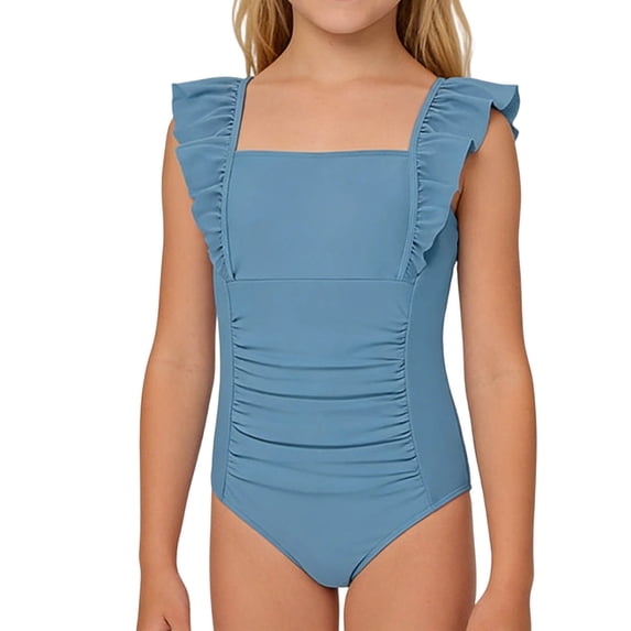 LIIPEE Girls One-Piece Swimsuits Casual Solid Color Square Neck Sleeveless Ruffle Swimwear Kids Children Classic Fit Fashion Bathing Suit Summer Comfortable Cute Beachwear,Navy,11-12 Years