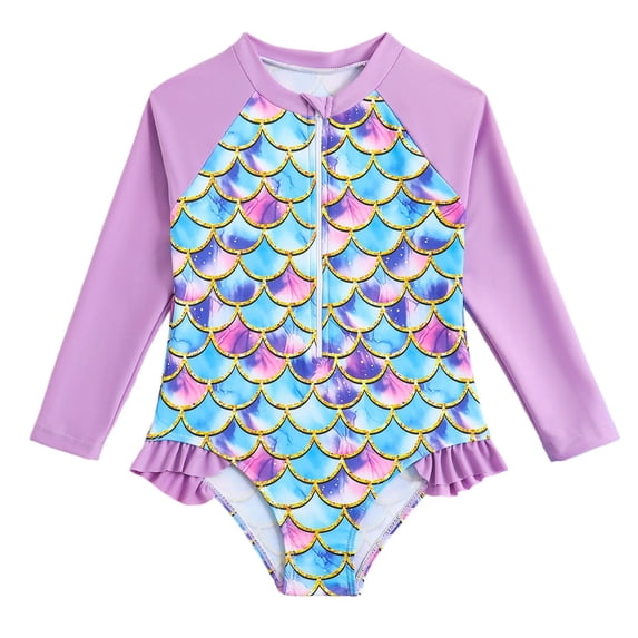 LIIPEE Girls One-Piece Swimsuits Casual Summer Long Sleeve Fashion Graphic Printed Crew Neck Ruffle Swimwear Kids Regular Fit Zipper Bathing Suit Pool Comfortable Cute Beachwear,Purple,7-8 Years