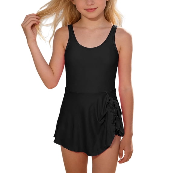 LIIPEE Girls One-Piece Swimsuits Casual Summer Solid Color Adjustable Spaghetti Strap Crew Neck Swimwear With Ruffle Hem Kid Fashion Backless Bathing Suit Comfortable Cute Beachwear,Black,15-16 Years