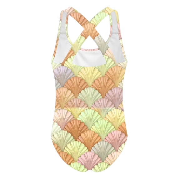 LIIPEE Girls One-Piece Swimsuits Casual Summer Stretch Crisscross Backless Fashion Sea Shell Graphic Printed Swimwear Kids Children Pool Party Swimming Comfortable Cute Beachwear,7-8 Years