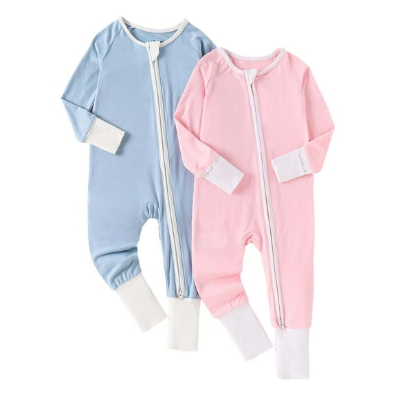 LIIPEE Girls Onesie Cartoon Graphic Printed 2 Pack Long Sleeve Round Neck Zip Up Jumpsuit Toddler Breathable Vacation One-Pieces,Multicolour,3-6 Months