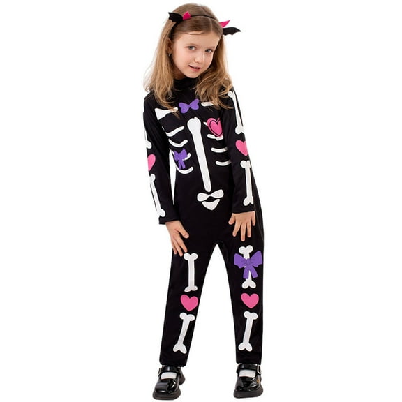 LIIPEE Girls Onesie Halloween Cartoon Skeleton Bowknot Printed Long Sleeve Jumpsuit Child Breathable Daily One-Pieces,Black,9-10 Years