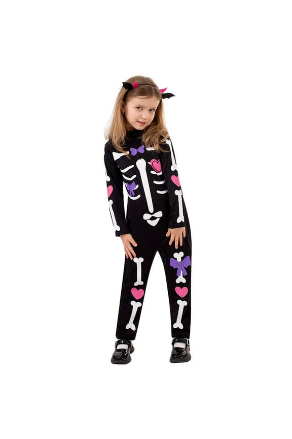 Girls Onesie Halloween Cartoon Skeleton Bowknot Printed Long Sleeve Jumpsuit Girl Versatile Weekend One-Pieces,Black,7-8 Years