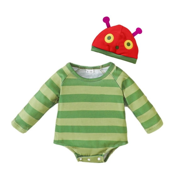 LIIPEE Girls Onesie Spring Autumn Casual Long Sleeve Striped Printed Round Neck Bodysuits With Hat Newborn Casual Party One-Pieces,Green,9-12 Months