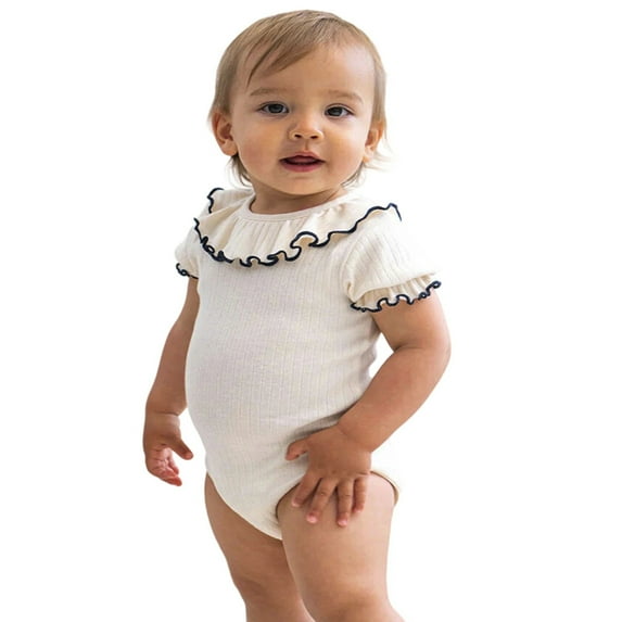 LIIPEE Girls Onesie Summer Casual Short Sleeve Solid Color Lettuce Trim Round Neck Bodysuit Baby Stylish Outdoor One-Pieces,Beige,0-3 Months