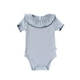 thumbnail image 1 of LIIPEE Girls Onesie Summer Casual Short Sleeve Solid Color Lettuce Trim Round Neck Bodysuit Toddler Comfort Daily One-Pieces,Blue,6-12 Months, 1 of 4