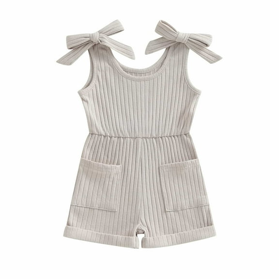 LIIPEE Girls Onesie Summer Casual Sleeveless Solid Color Elastic Waist Bowknot Strappy Tank Romper With Pockets Baby Versatile Outdoor One-Pieces,Grey,6-12 Months