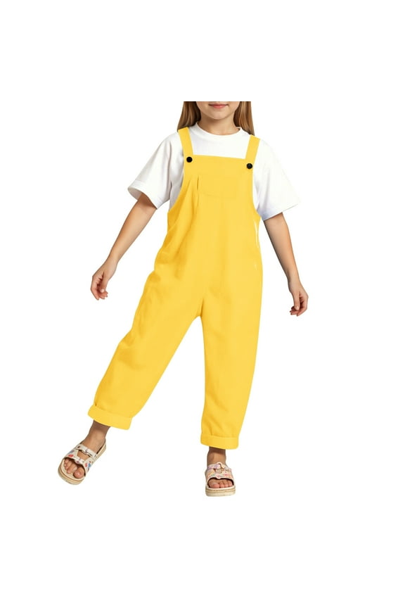 Girls Onesie Summer Casual Solid Color Adjustable Suspenders Jumpsuit With Pocket Newborn Leisure Party One-Pieces,Yellow,9-10 Years