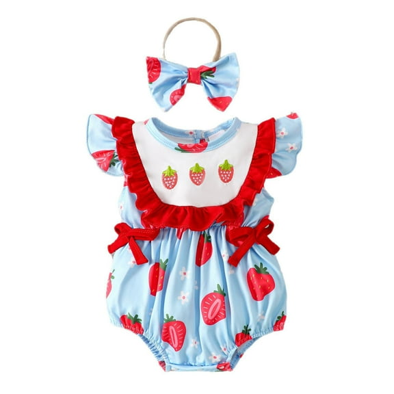 LIIPEE Girls Onesie Summer Cute Fly Sleeve Ruffled Bowknot Strawberry Printed Round Neck Bodysuits With Headbands Toddler Versatile Daily One-Pieces,Blue,6-12 Months