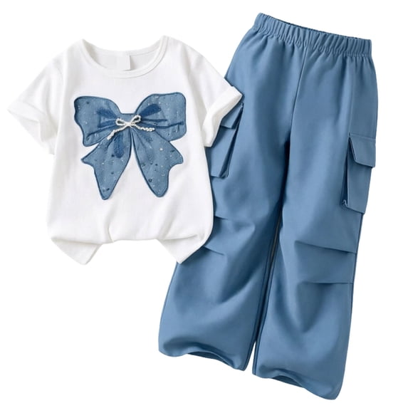 LIIPEE Girls Outfit Sets Casual Cute Bow Printed Short Sleeve Crew Neck T Shirt Solid Color Cargo Pants 2 Piece Set Tween Spring Summer Comfortable Breathable Daily Clothing,Blue,15-16 Years
