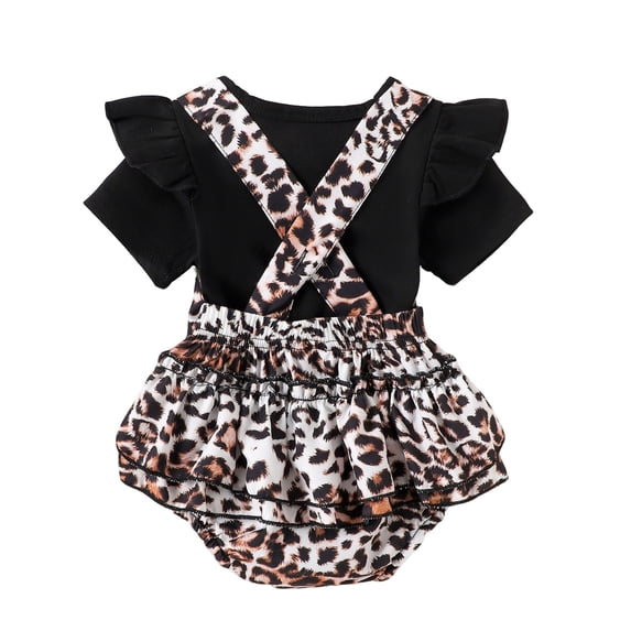 LIIPEE Girls Outfit Sets Casual Ruffle Trim Solid Color Short Sleeve Crew Neck Romper Leopard Printed Suspender Bottoms 2 Piece Set Baby Kids Comfortable Breathable Soft Clothing,Black,3-6 Months