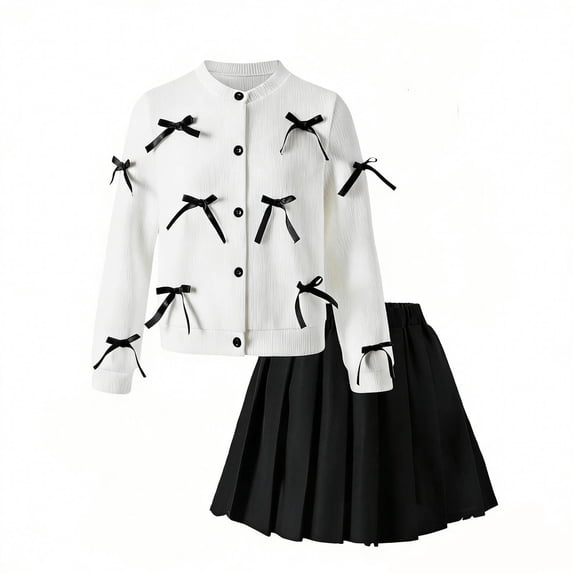 LIIPEE Girls Outfit Sets Casual Solid Color Long Sleeve Crew Neck Bowknot Decoration Texture Button Down Shirt Pleated Skirt 2 Piece Set Kids Comfortable Breathable Cute Clothing,White,8-9 Years