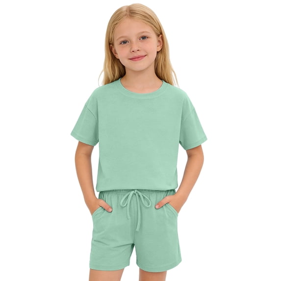 LIIPEE Girls Outfit Sets Casual Solid Color Loose Fit Short Sleeve Crew Neck Tee Tops Pockets Drawstring Shorts 2 Piece Set Kids Children Comfortable Breathable Cute Clothing,Green,9-10 Years
