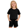 thumbnail image 1 of LIIPEE Girls Outfit Sets Casual Solid Color Loose Fit Short Sleeve Crew Neck Tee Tops Pockets Drawstring Shorts 2 Piece Set Kids Children Comfortable Breathable Cute Clothing,Black,12-13 Years, 1 of 6