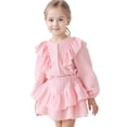 thumbnail image 1 of LIIPEE Girls Outfit Sets Casual Solid Color Ruffle Trim Puff Long Sleeve Crew Neck Button Down Shirt Pleated Skirt 2 Piece Set Children Kids Comfortable Breathable Cute Clothing,Pink,3-4 Years, 1 of 9