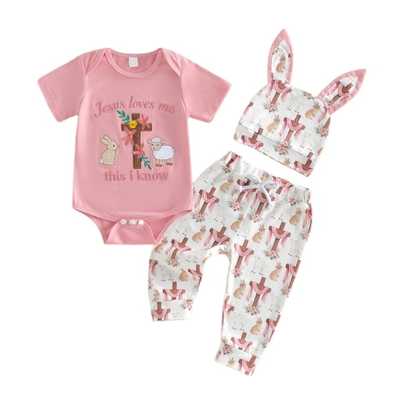 LIIPEE Girls Outfit Sets Casual Summer Cute Bunny Letter Embroidered Short Sleeve Crew Neck Bodysuit Graphic Pants Hat 3 Piece Set Baby Comfortable Breathable Soft Daily Clothing,Pink,9-12 Months