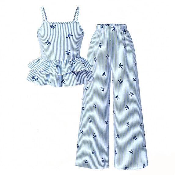 LIIPEE Girls Outfit Sets Casual Summer Striped Bowknot Printed Adjustable Spaghetti Strap Ruffle Hem Dress Wide Leg Pants 2 Piece Set Kids Comfortable Breathable Cute Clothing,Blue,10-11 Years