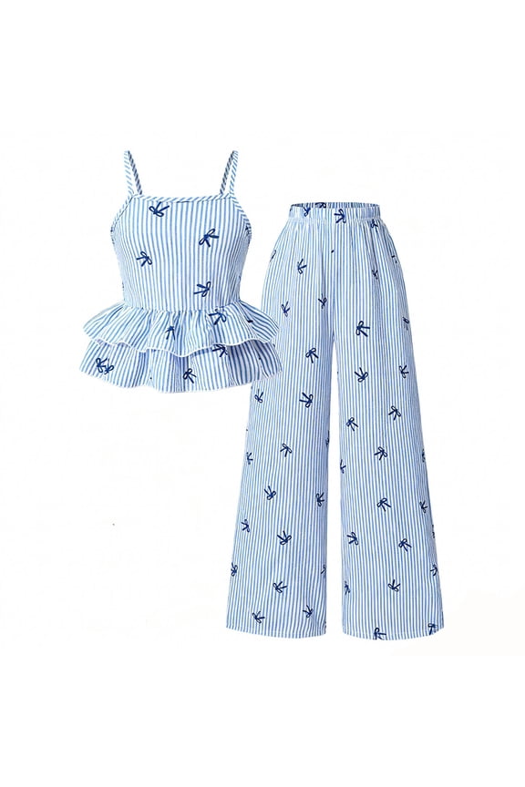 Girls Outfit Sets Casual Summer Striped Bowknot Printed Adjustable Spaghetti Strap Ruffle Hem Dress Wide Leg Pants 2 Piece Set Kids Comfortable Breathable Cute Clothing,Blue,10-11 Years