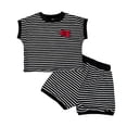 thumbnail image 1 of LIIPEE Girls Outfit Sets Casual Summer Striped Printed Short Sleeve Crew Neck Bow Decoration T Shirt Elastic Waist Shorts 2 Piece Set Kids Comfortable Breathable Cute Clothing,Black,5-6 Years, 1 of 3