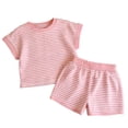 thumbnail image 1 of LIIPEE Girls Outfit Sets Casual Summer Stylish Striped Printed Short Sleeve Crew Neck T Shirt Elastic Waist Sporty Shorts 2 Piece Set Kids Comfortable Breathable Cute Clothing,Pink,8-9 Years, 1 of 3