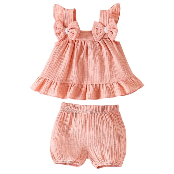 LIIPEE Girls Outfit Sets Summer Casual Solid Color Texture Sleeveless Square Neck Bow Ruffle Dress Elastic Waist Shorts 2 Piece Set Baby Kids Comfortable Breathable Cute Clothing,Pink,6-12 Months