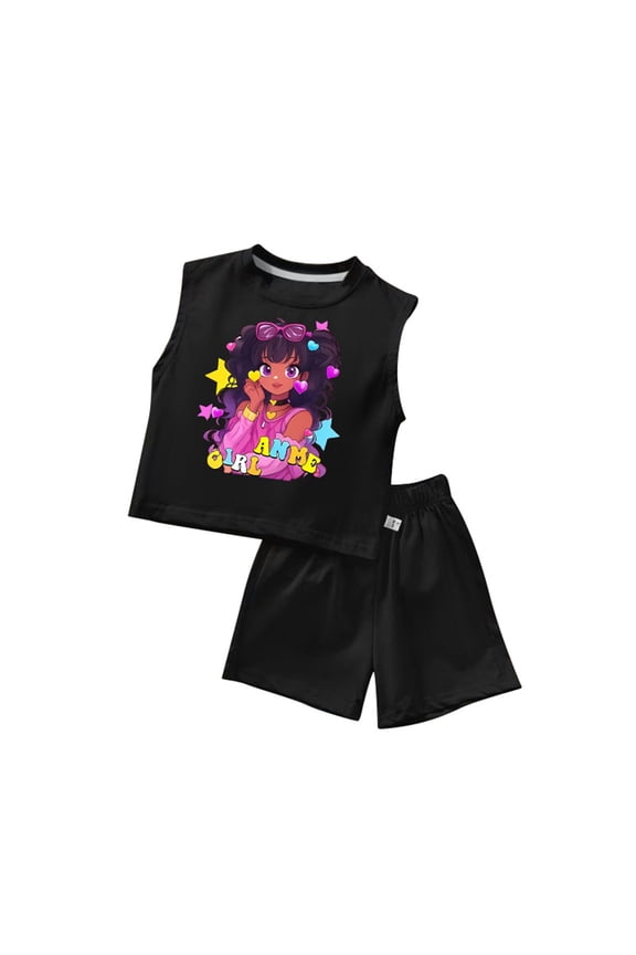 Girls Outfits Cartoon Character Printed Sleeveless Round Neck Shirt Solid Color Shorts Set Infant Breathable Casual Daily Party Photoshoot Outfit,Black,2-3 Years