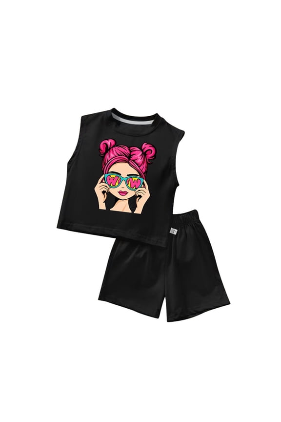 Girls Outfits Cartoon Character Printed Sleeveless Round Neck Shirt Solid Color Shorts Set Trendy Indoor Outdoor Wear Baby Outfit,Black,2-3 Years
