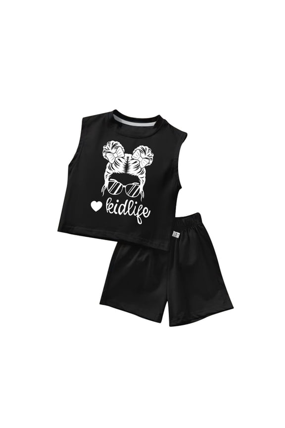 Girls Outfits Cartoon Character Printed Sleeveless Round Neck Shirt Solid Color Shorts Set Toddler Comfortable Birthday Wedding Weekend Outfit,Black,2-3 Years