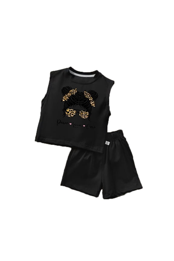 Girls Outfits Cartoon Character Printed Sleeveless Round Neck Shirt Solid Color Shorts Set Toddler Trendy Birthday Wedding Weekend Outfit,Black,2-3 Years