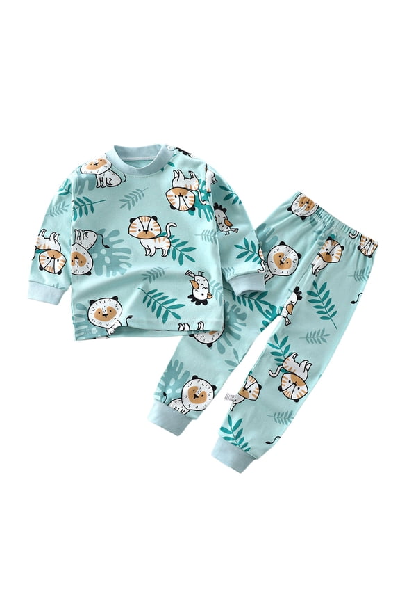 Girls Outfits Casual Cute Cartoon Animal Printed Long Sleeve Crew Neck Tops Pants Two Piece Set Kids Comfortable Breathable Soft Daily Clothing,Mint Green,5-6 Years