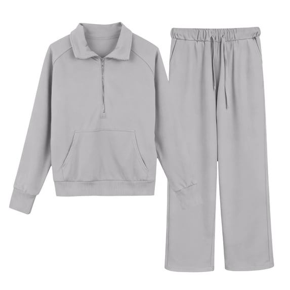 LIIPEE Girls Outfits Casual Solid Color Zip Up Lapel Long Sleeve Tops High Waist Wide Leg Joggers Two Piece Set Kids Comfortable Breathable Soft Cute Daily Clothing,Silver,15-16 Years