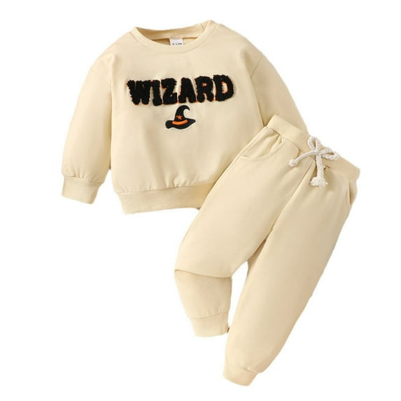 LIIPEE Girls Outfits Halloween Cartoon Letter Graphic Embroidery Long Sleeve Round Neck Sweatshirt Sweatpants Set Toddler Elegant Indoor Outdoor Wear Outfit,Beige,3-4 Years