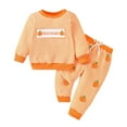 thumbnail image 1 of LIIPEE Girls Outfits Halloween Cartoon Pumpkin Embroidery Long Sleeve Round Neck Striped Sweatshirt Pants Set Toddler Breathable Holiday School Party Outfit,Orange,2-3 Years, 1 of 7
