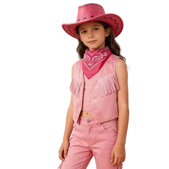LIIPEE Girls Outfits Kids Cowboy Party Dress Up Sets With Vest Hat Triangle Towel Comfortable Breathable Soft Cute Performance Clothes,Pink,9-10 Years