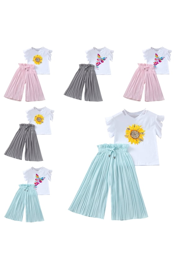 Girls Outfits Kids Summer Sunflower Printed Ruffle Sleeve Crew Neck T Shirt Ruched Loose Casual Pants 2 Piece Set Children Comfortable Breathable Soft Cute Daily Clothes,Mint Green,10-12 Years