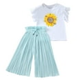 thumbnail image 1 of LIIPEE Girls Outfits Kids Summer Sunflower Printed Ruffle Sleeve Crew Neck T Shirt Ruched Loose Casual Pants Two Piece Set Children Comfortable Breathable Soft Cute Daily Clothes,Mint Green,8-9 Years, 1 of 5