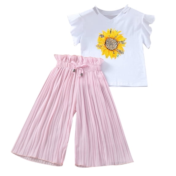LIIPEE Girls Outfits Kids Summer Sunflower Printed Ruffle Sleeve Crew Neck T Shirt Ruched Loose Casual Pants Two Piece Set Children Comfortable Breathable Soft Cute Daily Clothing,Pink,4-5 Years