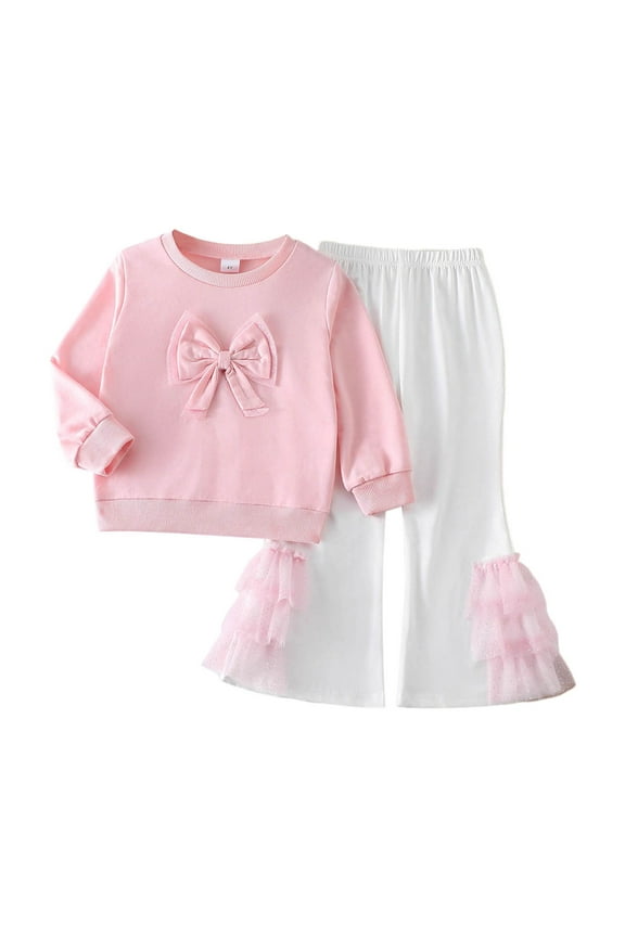 Girls Outfits Solid Color Bowknot Trim Long Sleeve Round Neck Sweattshirt Mesh Trim Flare Pants Set Toddler Stylish Birthday Wedding Weekend Outfit,Red,3-4 Years