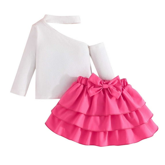 LIIPEE Girls Outfits Solid Color Long Sleeve Round Neck Off The Shoulder Shirt Bowknot Multilayer Skirt Set Breathable Birthday Wedding Weekend Outfit,Hot Pink,2-3 Years