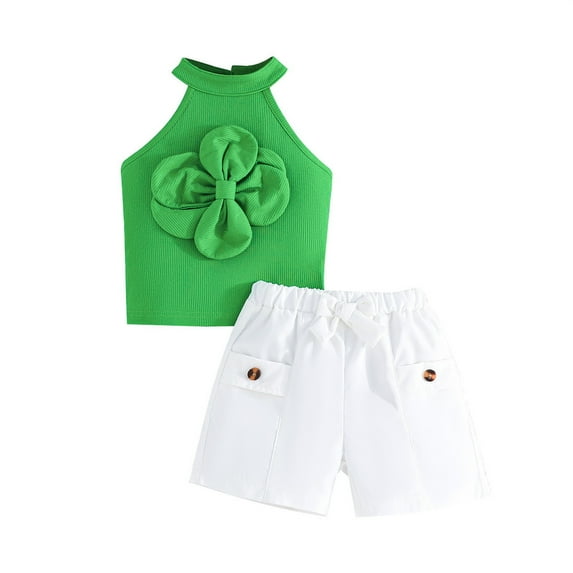 LIIPEE Girls Outfits Solid Color Sleeveless Round Neck Flower Vest Top Shorts Set Toddler Handsome Holiday School Party Outfit,Green,12-18 Months