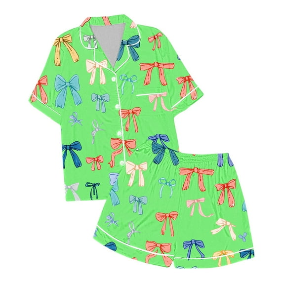 LIIPEE Girls Outfits Spring Summer Cute Cartoon Bowknot Printed Turndown Collar Button Short Sleeve Tshirts Shorts Pajamas Set Kids Trendy Nightwear Outfit,Green,8-9 Years
