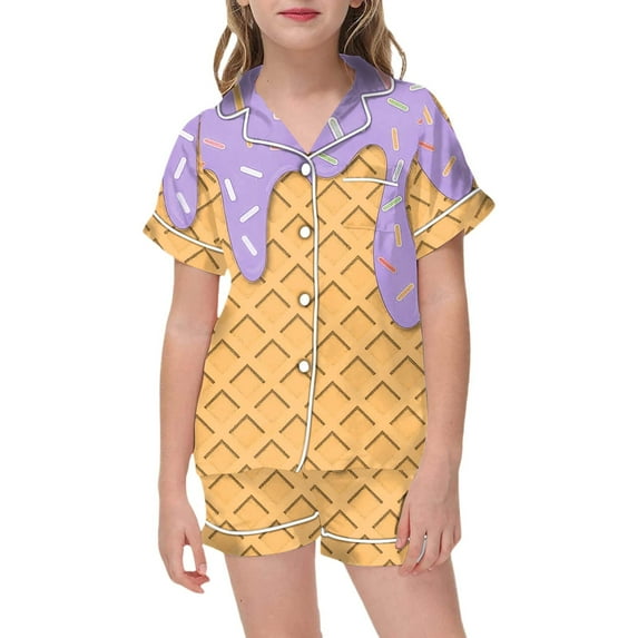 LIIPEE Girls Outfits Summer Comfort Graphic Waffle Ice Cream Printed Short Sleeve Turndown Collar Button Shirt Shorts 2 Piece Pajamas Set Girls Soft Outfits,Purple,10-11 Years