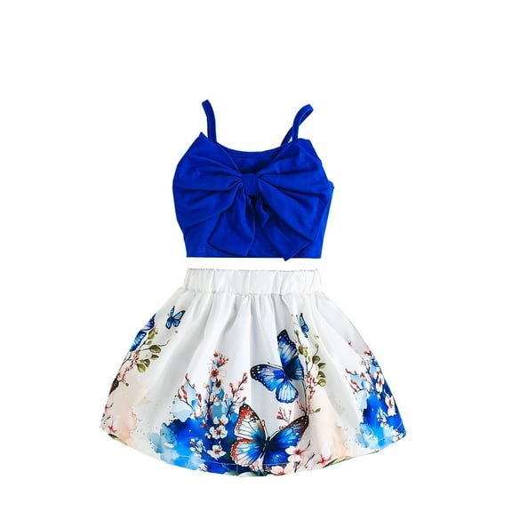 LIIPEE Girls Outfits Summer Fashion Cute Solid Color Sleeveless Strappy Bowknot Vest Cartoon Butterfly Printed Skirt 2 Piece Set Girl Versatile Running Playground Outfit,Blue,9-12 Months
