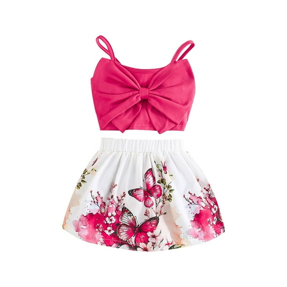 LIIPEE Girls Outfits Summer Fashion Cute Solid Color Sleeveless Strappy Bowknot Vest Cartoon Butterfly Printed Skirt 2 Piece Set Kids Stylish Running Playground Outfit,Hot Pink,12-18 Months