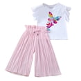 thumbnail image 1 of LIIPEE Girls Outfits Toddler Kids Summer Graphic Printed Ruffle Sleeve Crew Neck T Shirt Ruched Loose Casual Pants 2 Piece Set Children Comfortable Breathable Soft Cute Daily Clothes,Pink,6-7 Years, 1 of 5