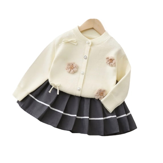 LIIPEE Girls Outfits Warm Solid Color Long Sleeve Round Neck Button Knit Flower Cardigan Coat Pleated Skirt Set Infant Handsome Climbing Hiking Camping Cycling Outfit,White,3-4 Years