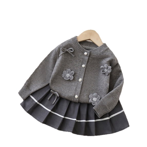 LIIPEE Girls Outfits Warm Solid Color Long Sleeve Round Neck Button Knit Flower Cardigan Coat Pleated Skirt Set Comfortable Casual Daily Party Photoshoot Outfit,Grey,1-2 Years