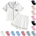 thumbnail image 1 of LIIPEE Girls Pajamas Kids Casual Summer Cute Heart Print Flat Collar Short Sleeve Button Down Shirts And Shorts Sleepwear 2 Piece Set Comfortable Daily Fashion Nightwear,10-11 Years, 1 of 7