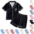 thumbnail image 1 of LIIPEE Girls Pajamas Kids Casual Summer Cute Heart Print Flat Collar Short Sleeve Button Down Shirts And Shorts Sleepwear 2 Piece Set Comfortable Daily Fashion Nightwear,6-7 Years, 1 of 7