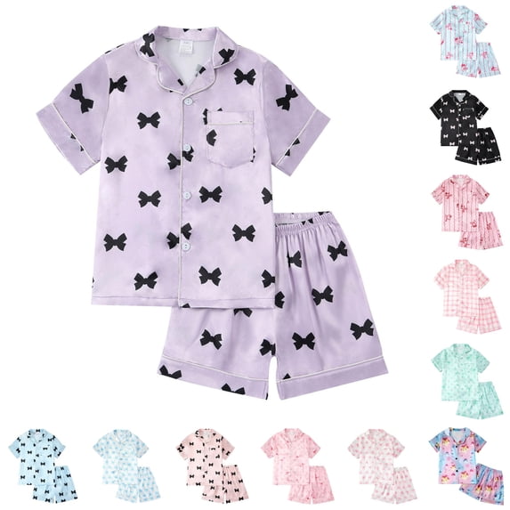 LIIPEE Girls Pajamas Kids Summer Cute Cartoon Graphic Print Flat Collar Short Sleeve Button Down Shirts And Shorts Sleepwear 2 Piece Set Comfortable Daily Fashion Nightwear,6-7 Years